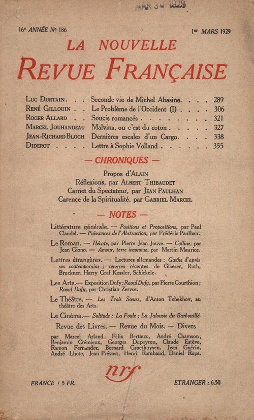 La Nouvelle Revue Française N' 186 (Mars 1929)