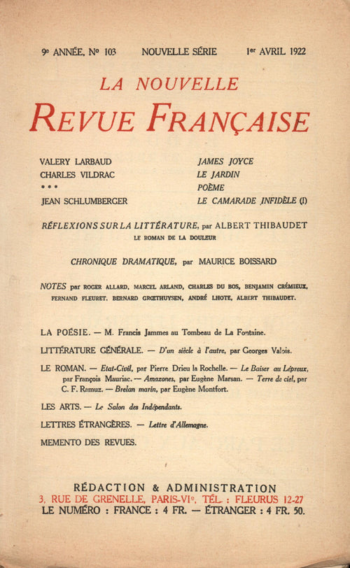 La Nouvelle Revue Française N' 103 (Avril 1922)