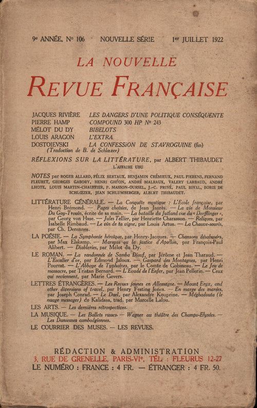 La Nouvelle Revue Française N° 106 (Juillet 1922)