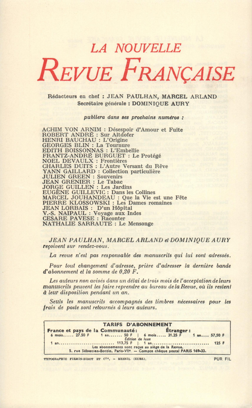 La Nouvelle Revue Française N' 152 (Aoűt 1965)