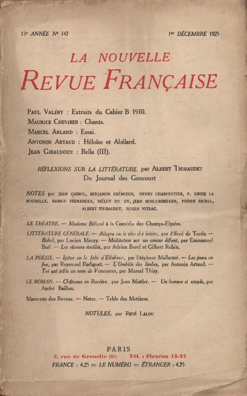 La Nouvelle Revue Française N' 147 (Décembre 1925)