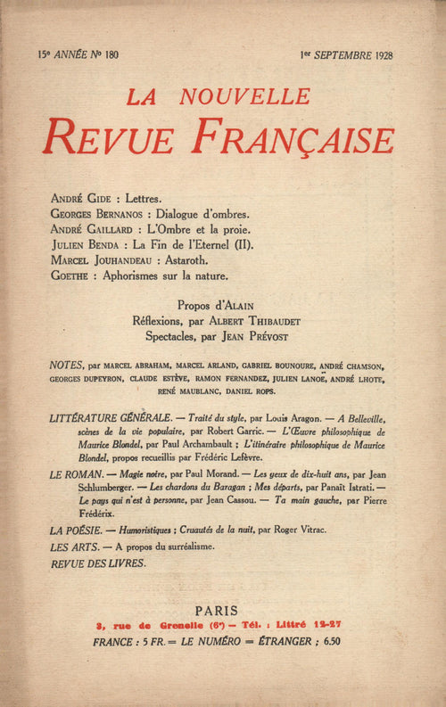 La Nouvelle Revue Française N' 180 (Septembre 1928)