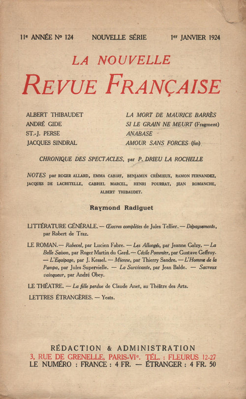 La Nouvelle Revue Française N' 124 (Janvier 1924)