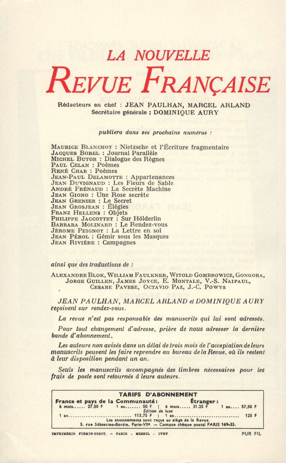 La Nouvelle Revue Française N' 167 (Octobre 1966)