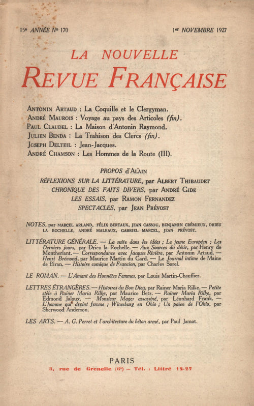 La Nouvelle Revue Française N' 170 (Novembre 1927)