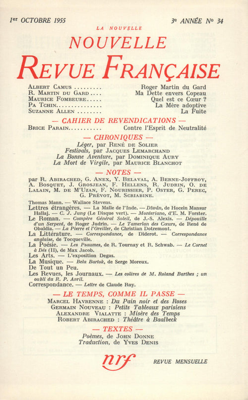 La Nouvelle Nouvelle Revue Française N' 34 (Octobre 1955)