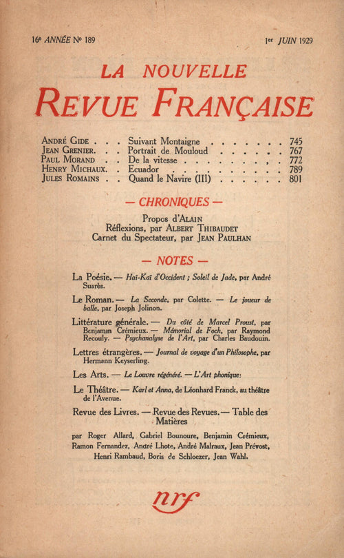 La Nouvelle Revue Française N' 189 (Juin 1929)