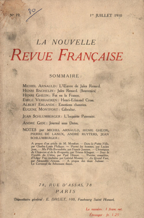 La Nouvelle Revue Française N' 19 (Juillet 1910)