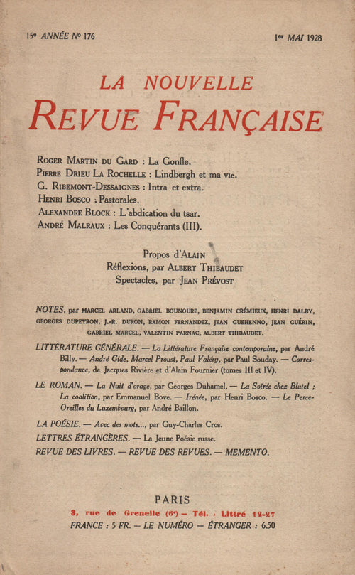 La Nouvelle Revue Française N' 176 (Mai 1928)
