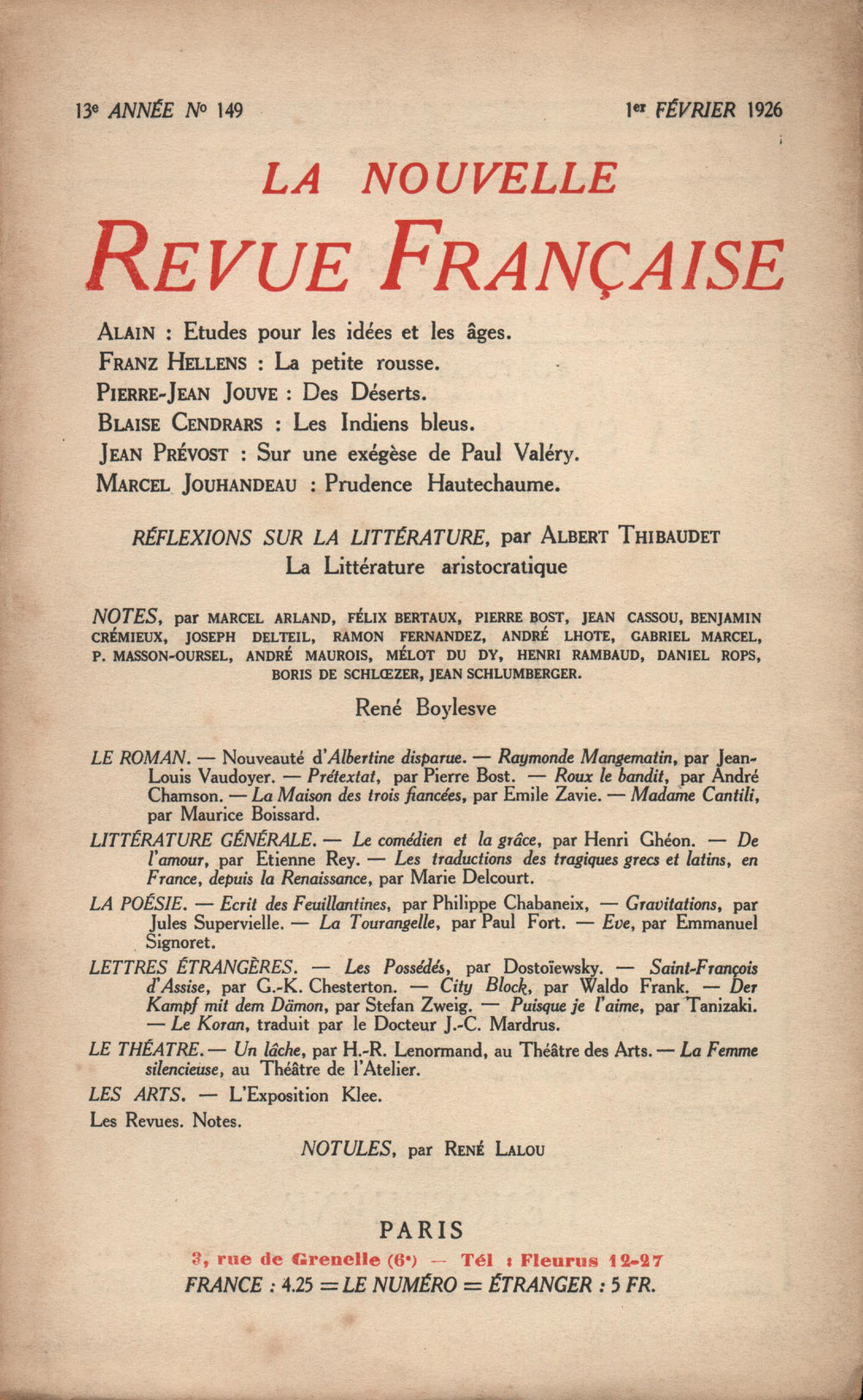 La Nouvelle Revue Française N' 149 (Février 1926)