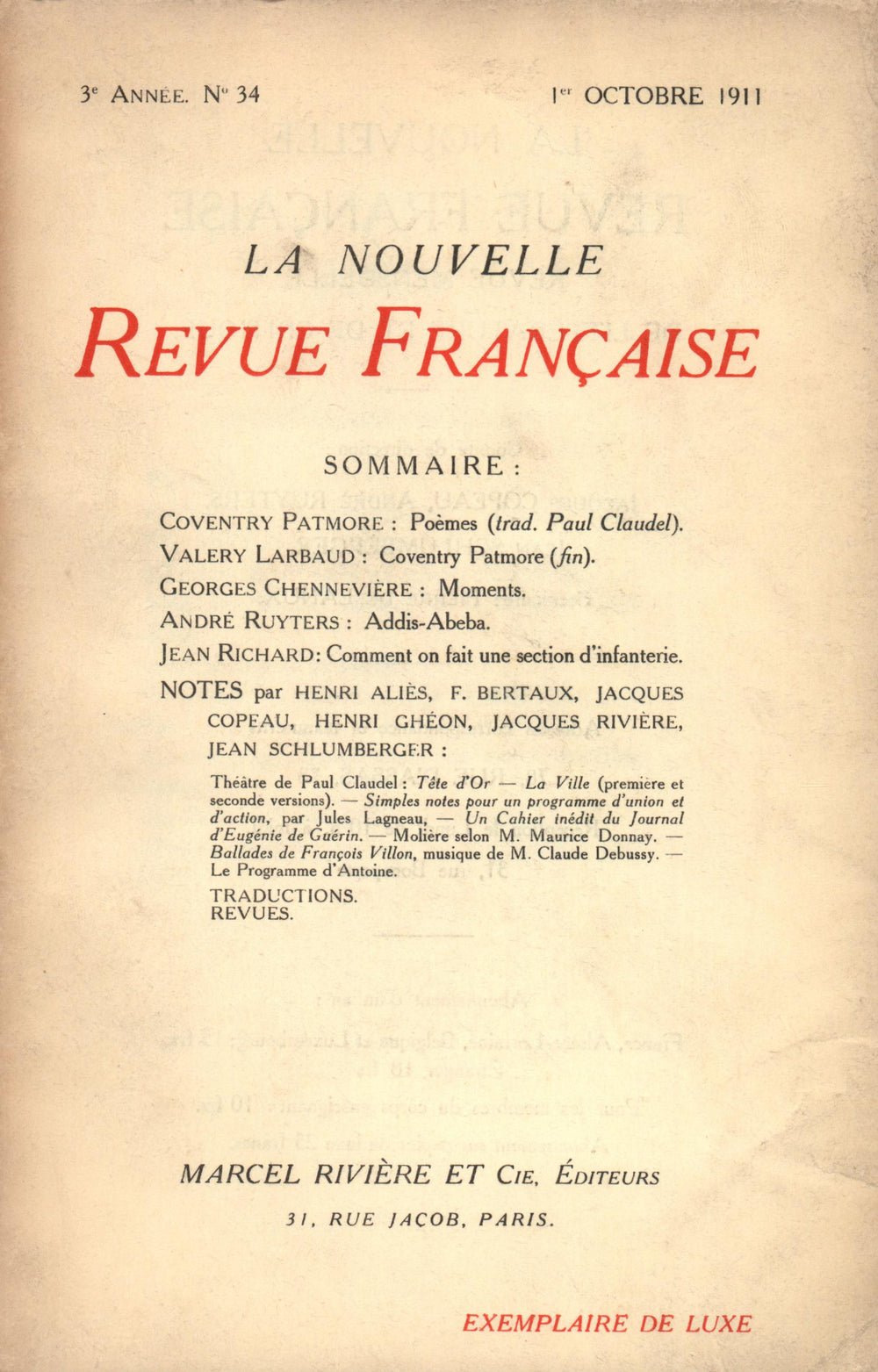 La Nouvelle Revue Française N' 34 (Octobre 1911)