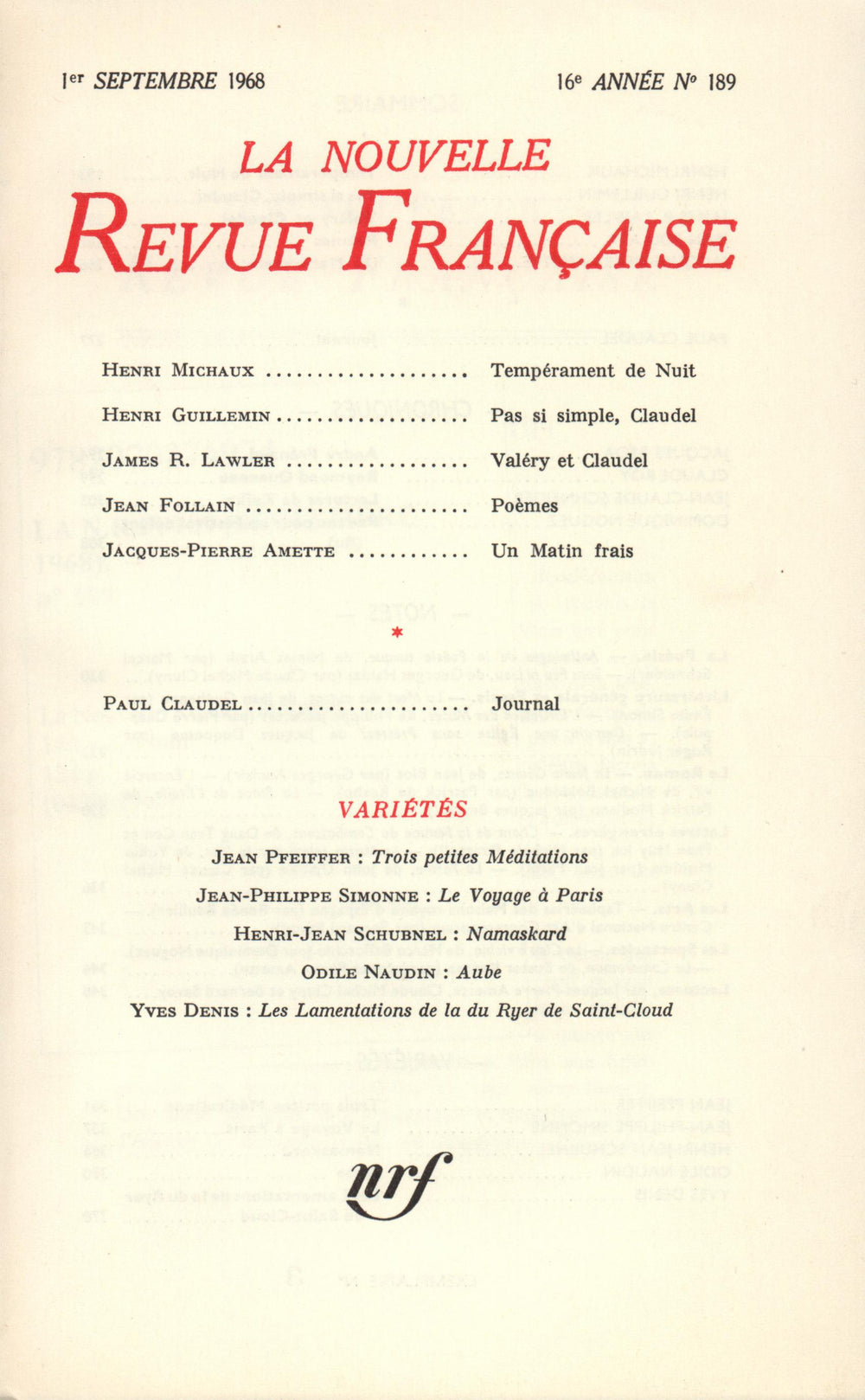 La Nouvelle Revue Française N' 189 (Septembre 1968)