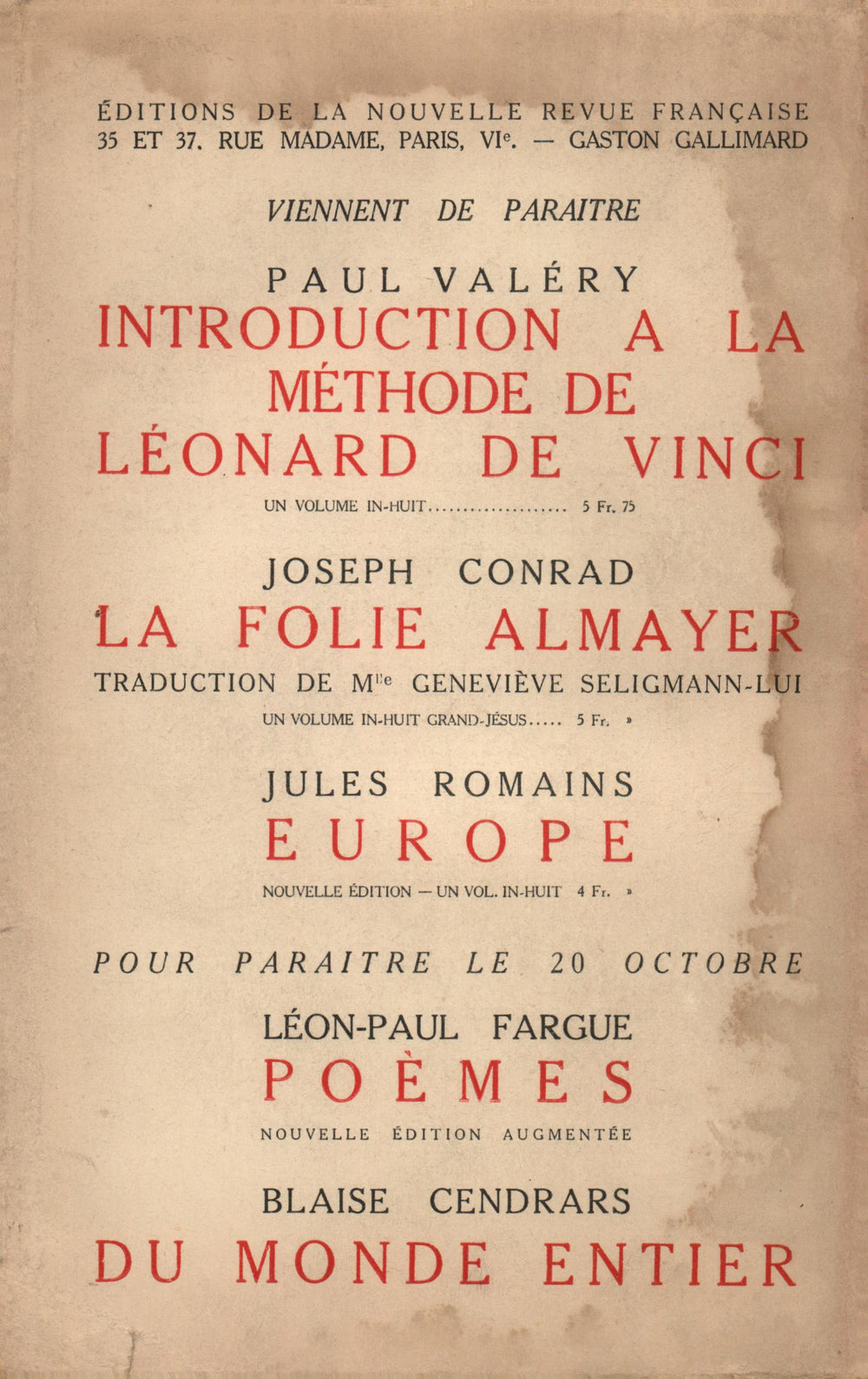 La Nouvelle Revue Française N' 73 (Octobre 1919)