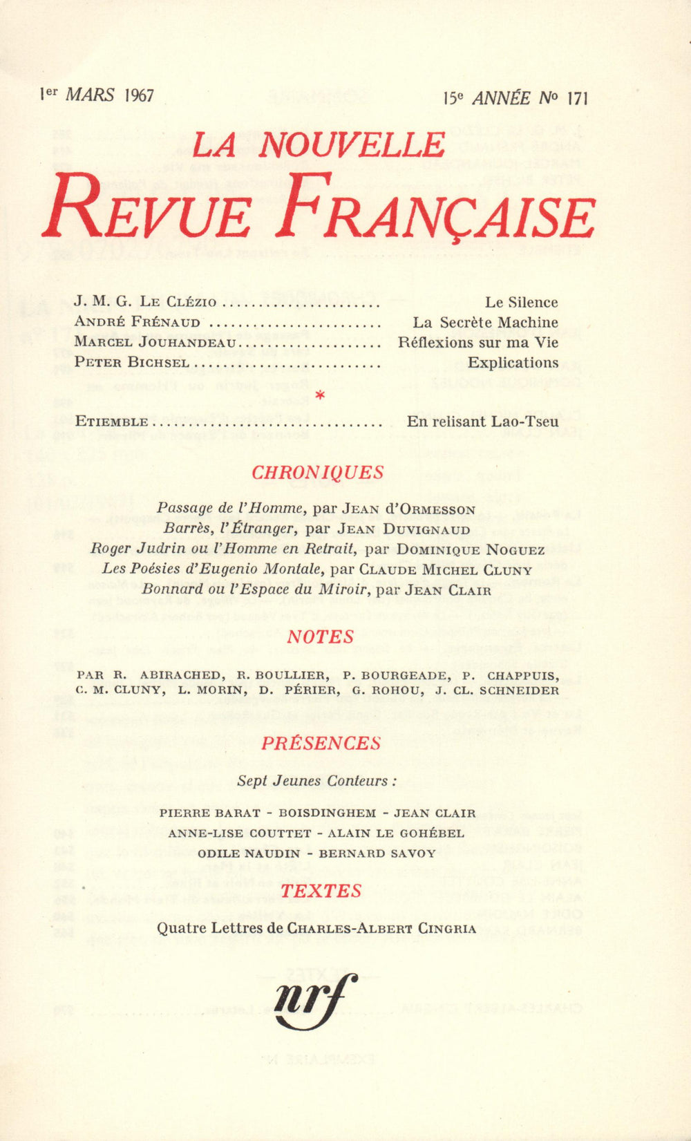 La Nouvelle Revue Française N' 171 (Mars 1967)