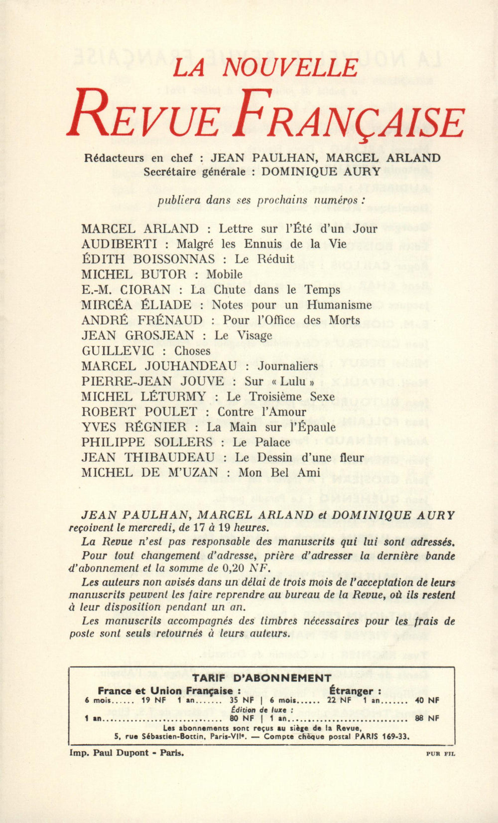 La Nouvelle Revue Française N' 104 (Aoűt 1961)