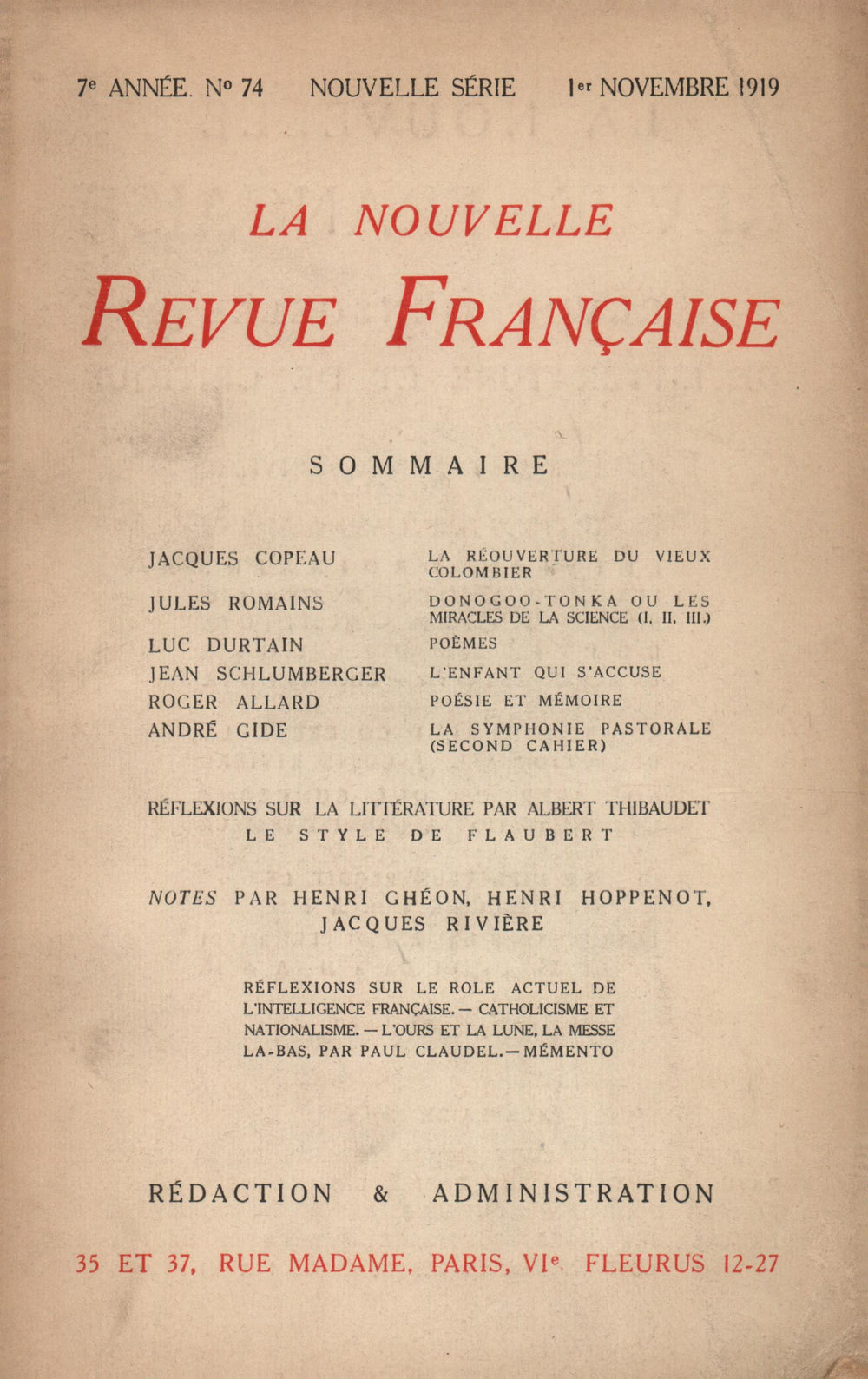 La Nouvelle Revue Française N' 74 (Novembre 1919)
