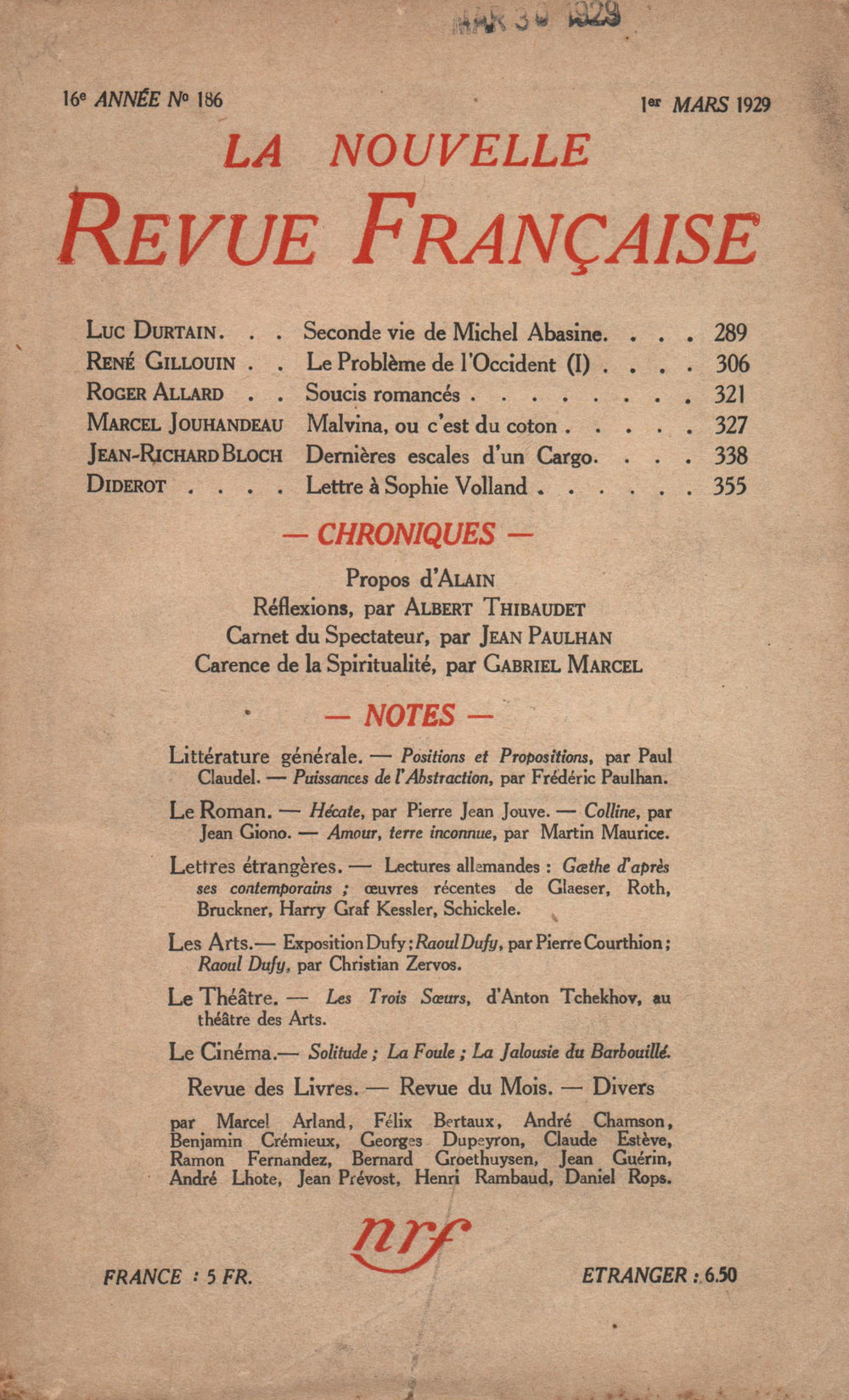 La Nouvelle Revue Française N' 186 (Mars 1929)