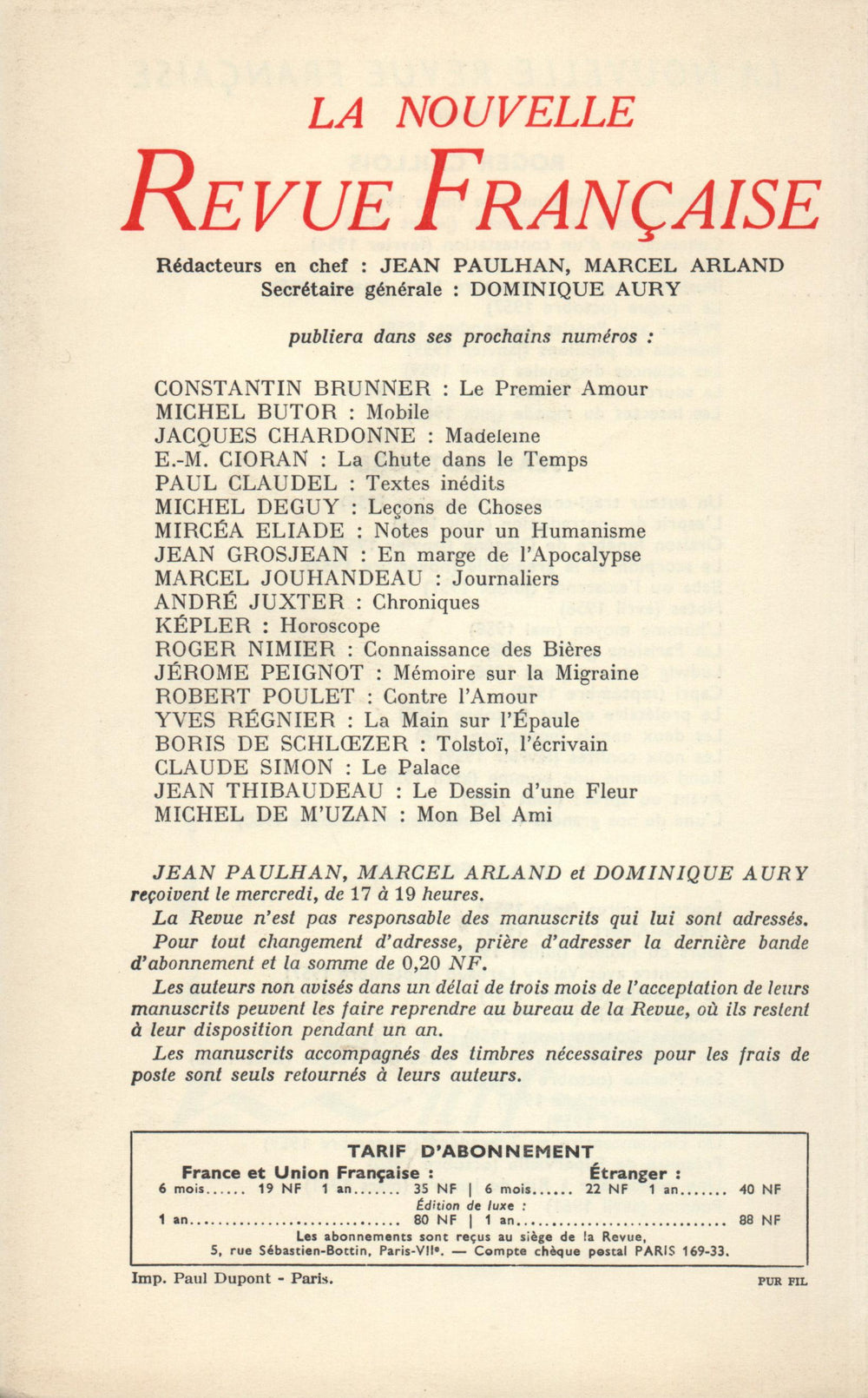 La Nouvelle Revue Française N' 102 (Juin 1961)