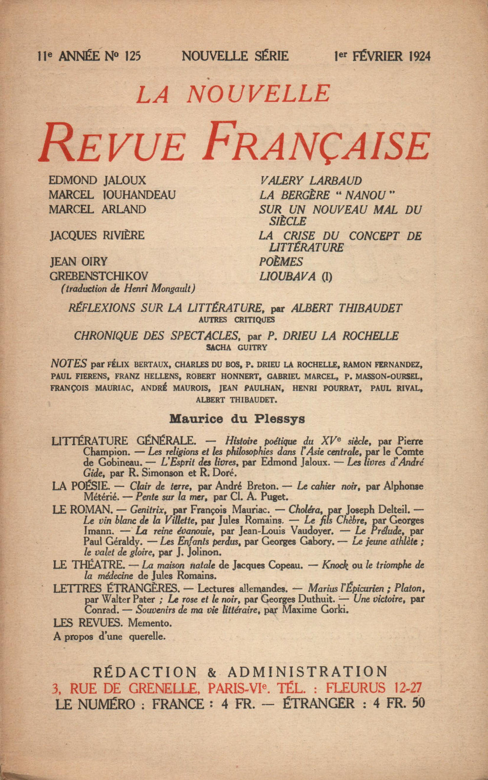 La Nouvelle Revue Française N' 125 (Février 1924)