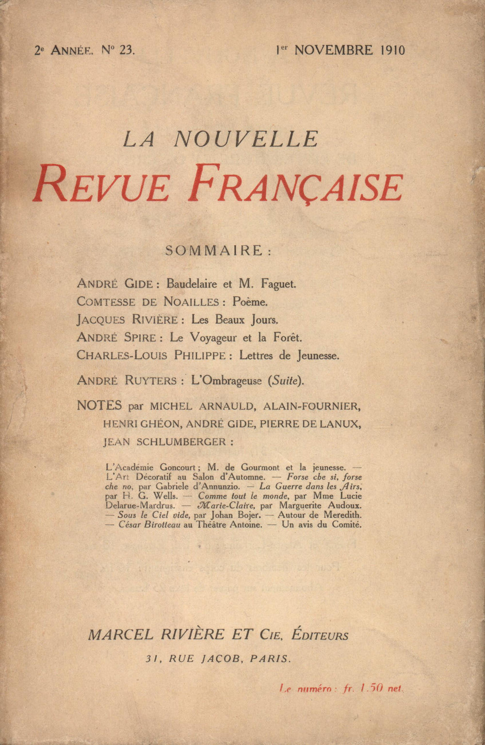 La Nouvelle Revue Française N' 23 (Novembre 1910)