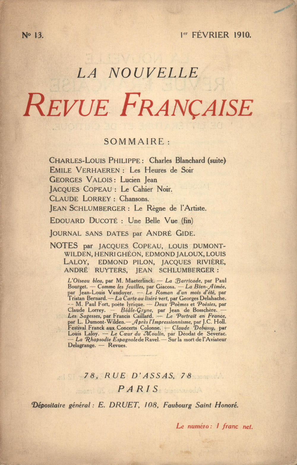 La Nouvelle Revue Française N' 13 (Février 1910)