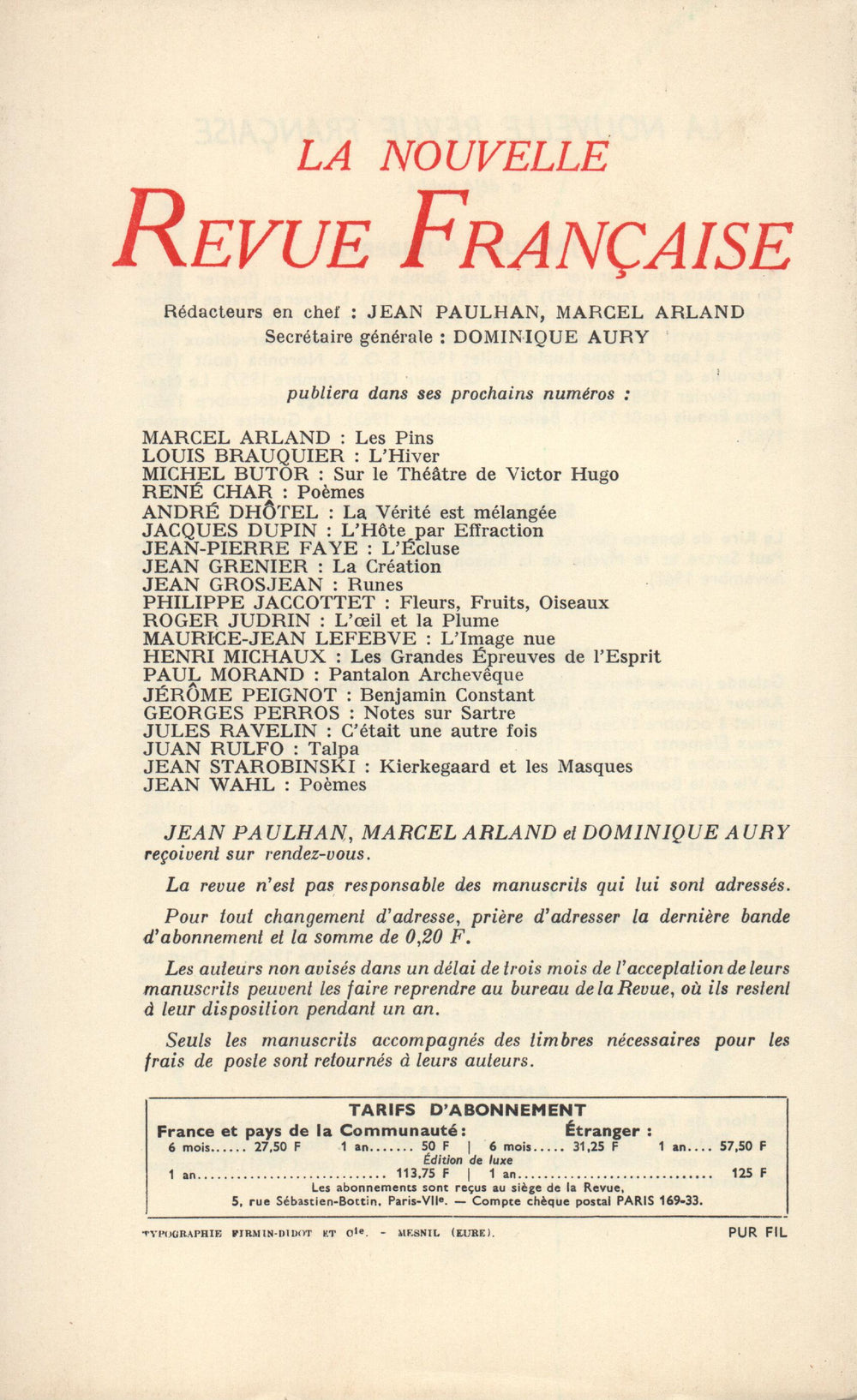 La Nouvelle Revue Française N' 142 (Octobre 1964)