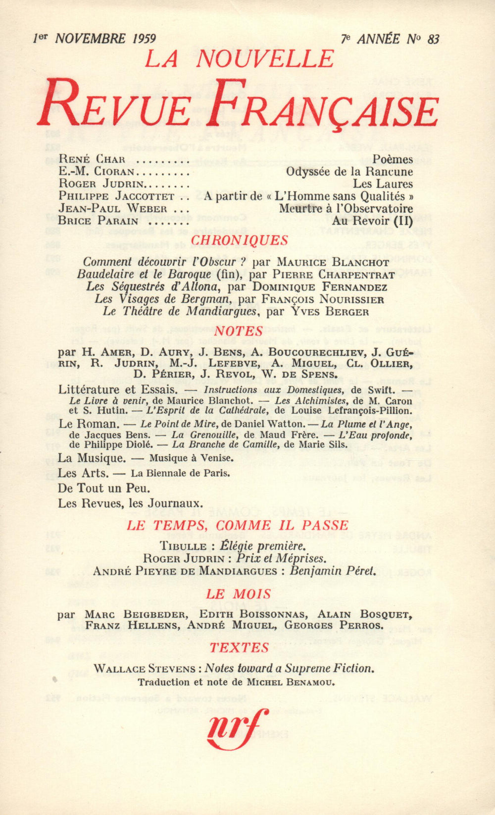 La Nouvelle Revue Française N' 83 (Novembre 1959)