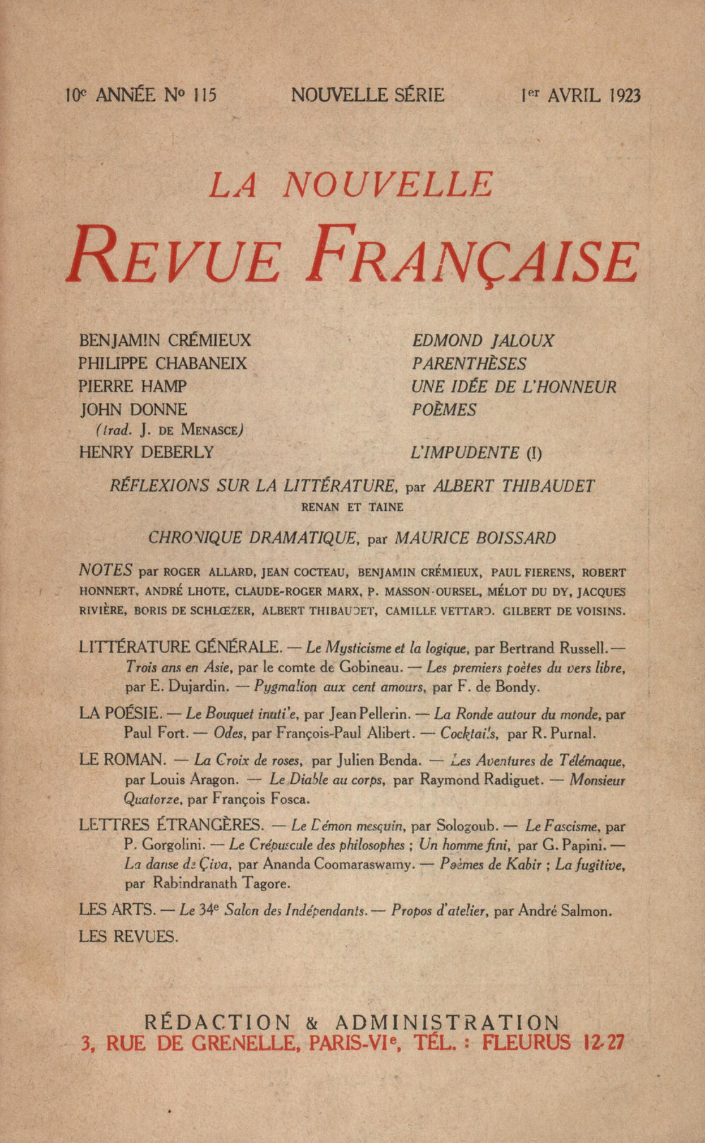 La Nouvelle Revue Française N' 115 (Avril 1923)