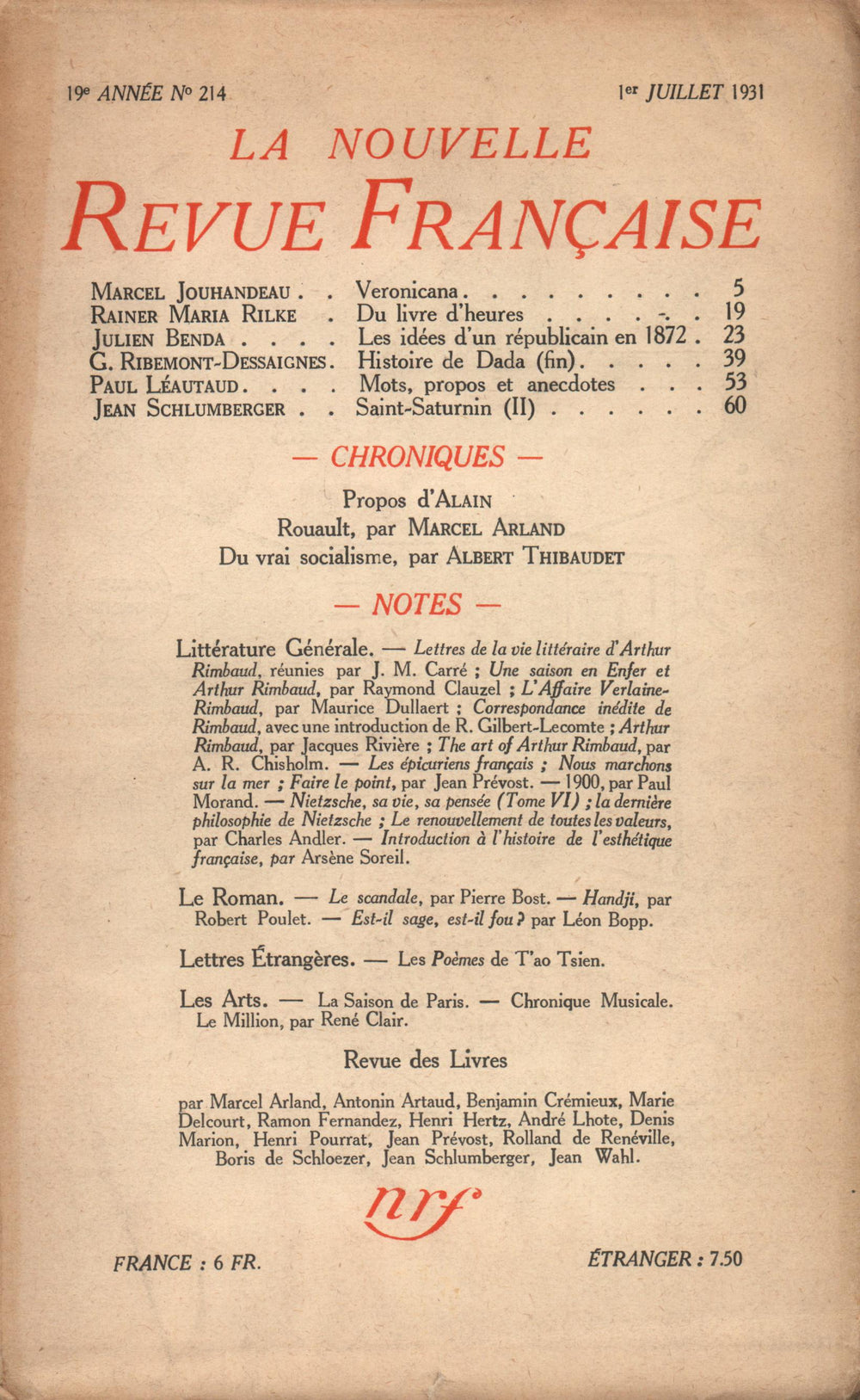 La Nouvelle Revue Française N' 214 (Juillet 1931)