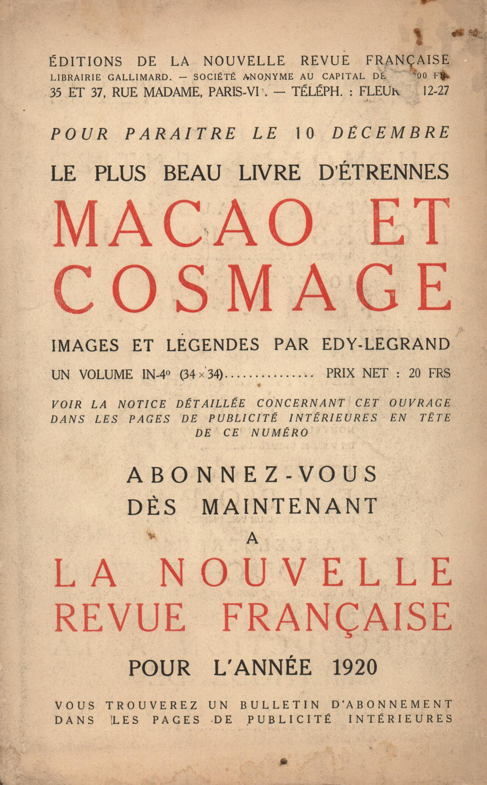 La Nouvelle Revue Française N' 75 (Décembre 1919)