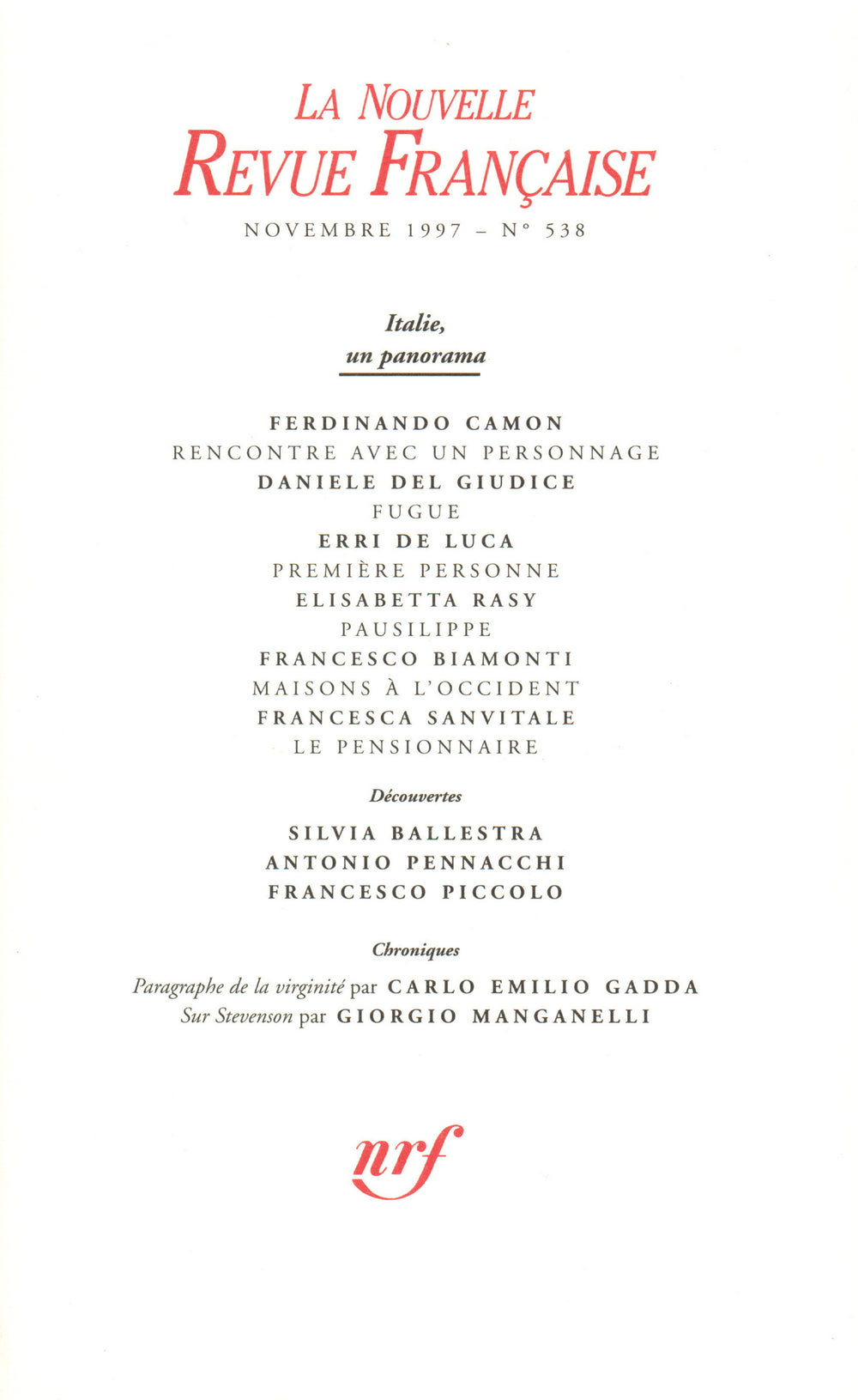 La Nouvelle Revue Française N° 538