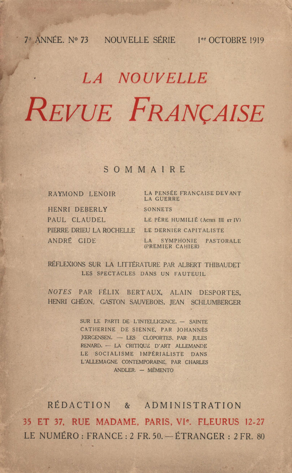 La Nouvelle Revue Française N' 73 (Octobre 1919)
