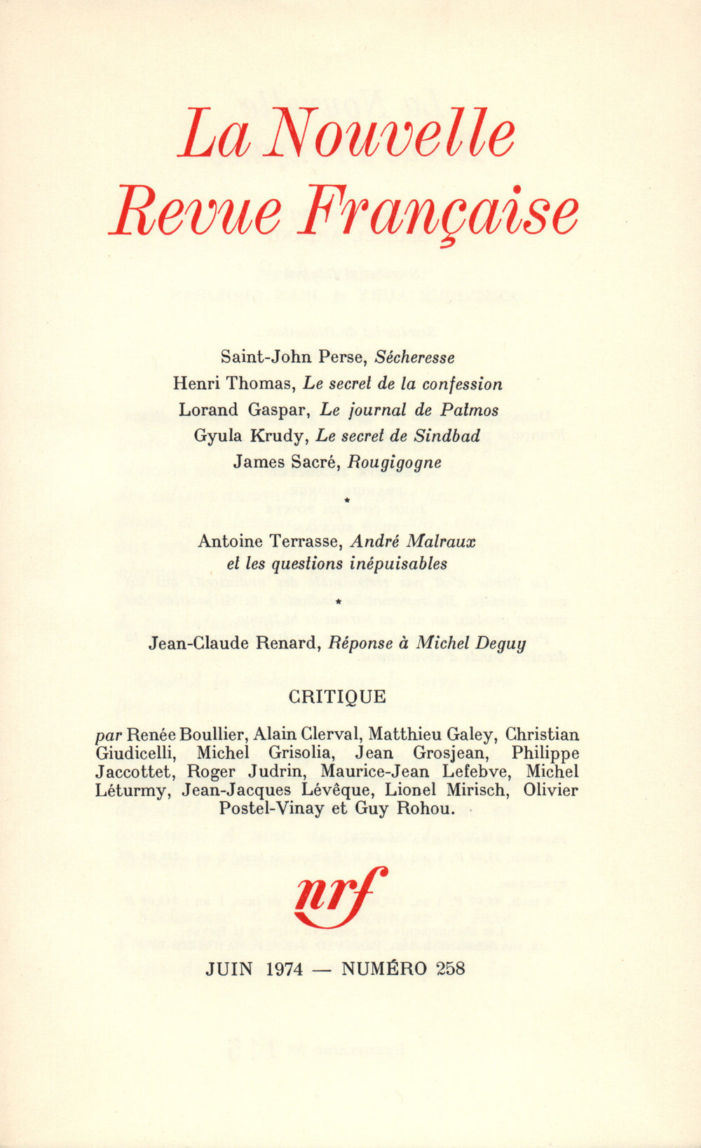 La Nouvelle Revue Française N° 258