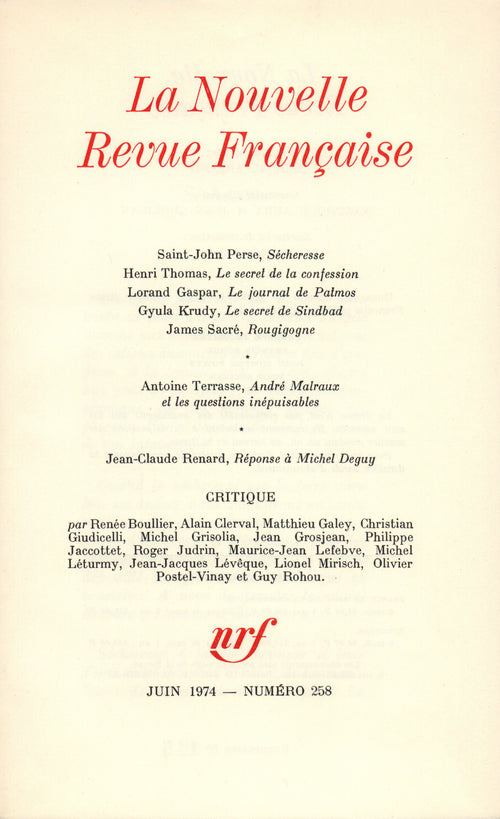La Nouvelle Revue Française N° 258