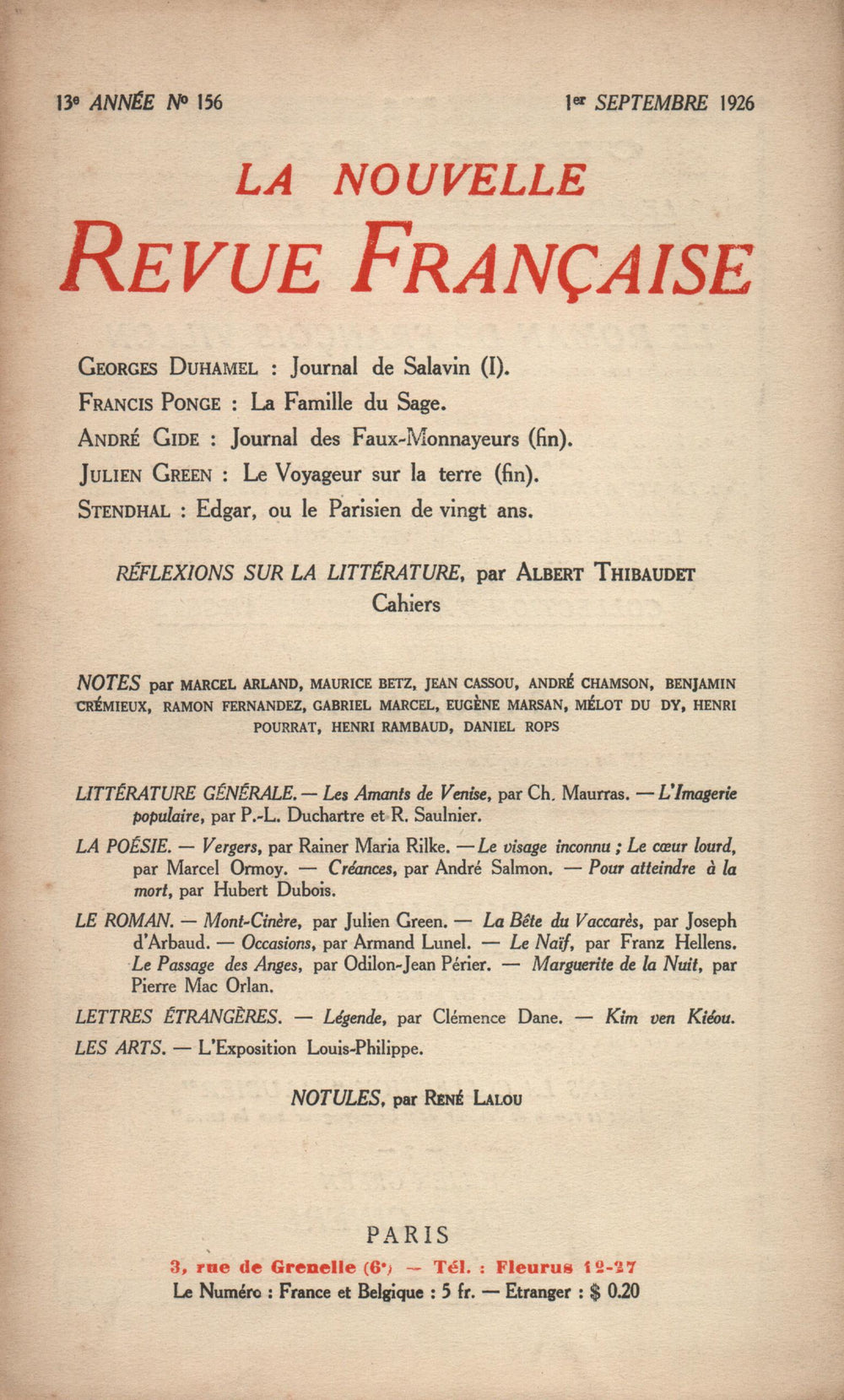 La Nouvelle Revue Française N' 156 (Septembre 1926)