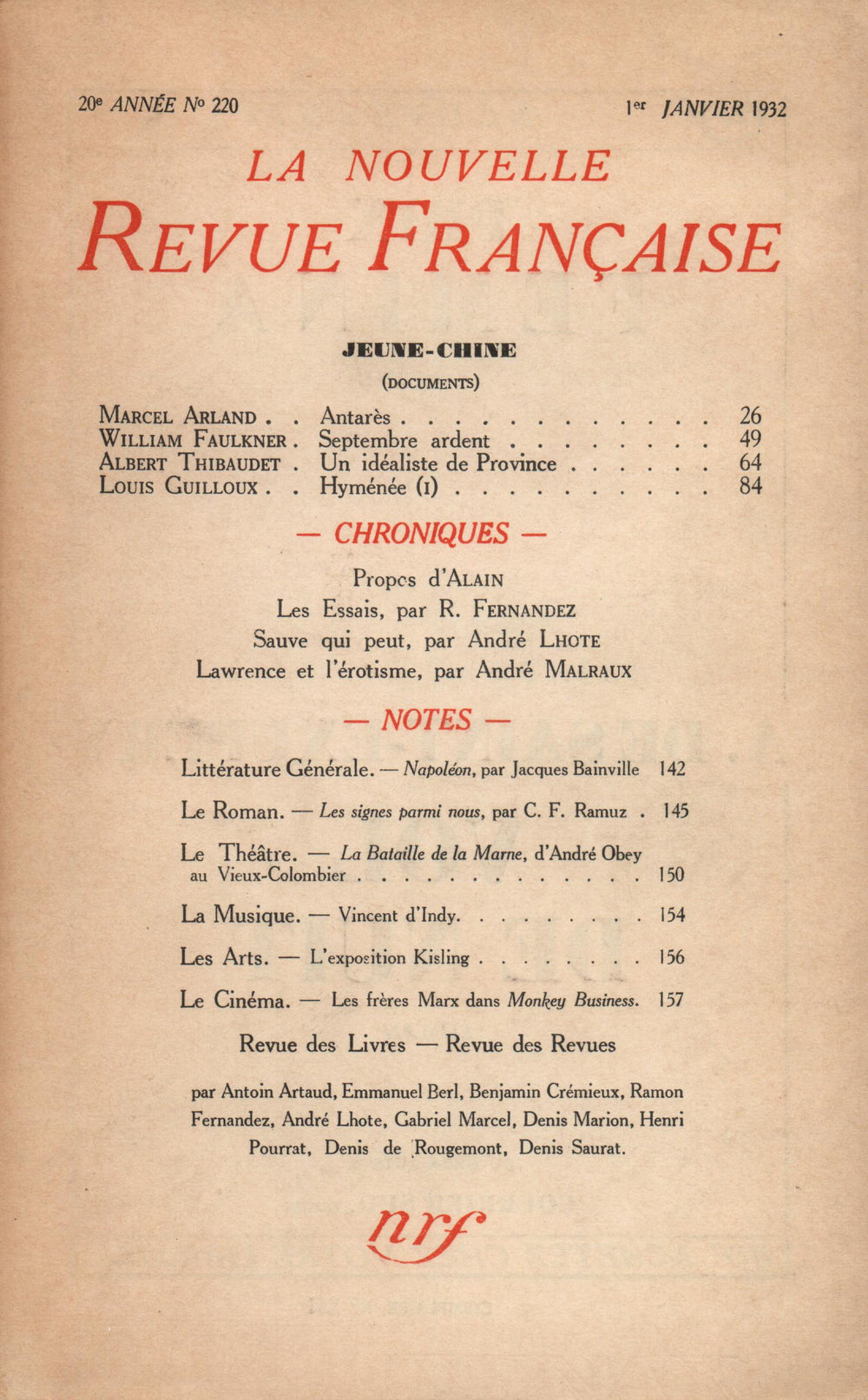 La Nouvelle Revue Française N' 220 (Janvier 1932)