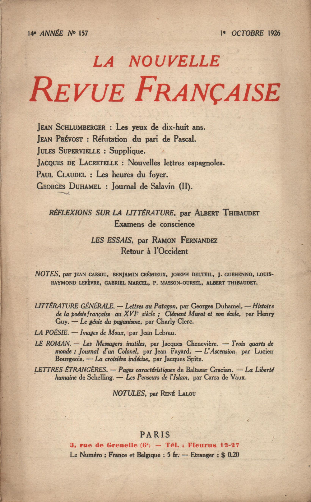 La Nouvelle Revue Française N' 157 (Octobre 1926)
