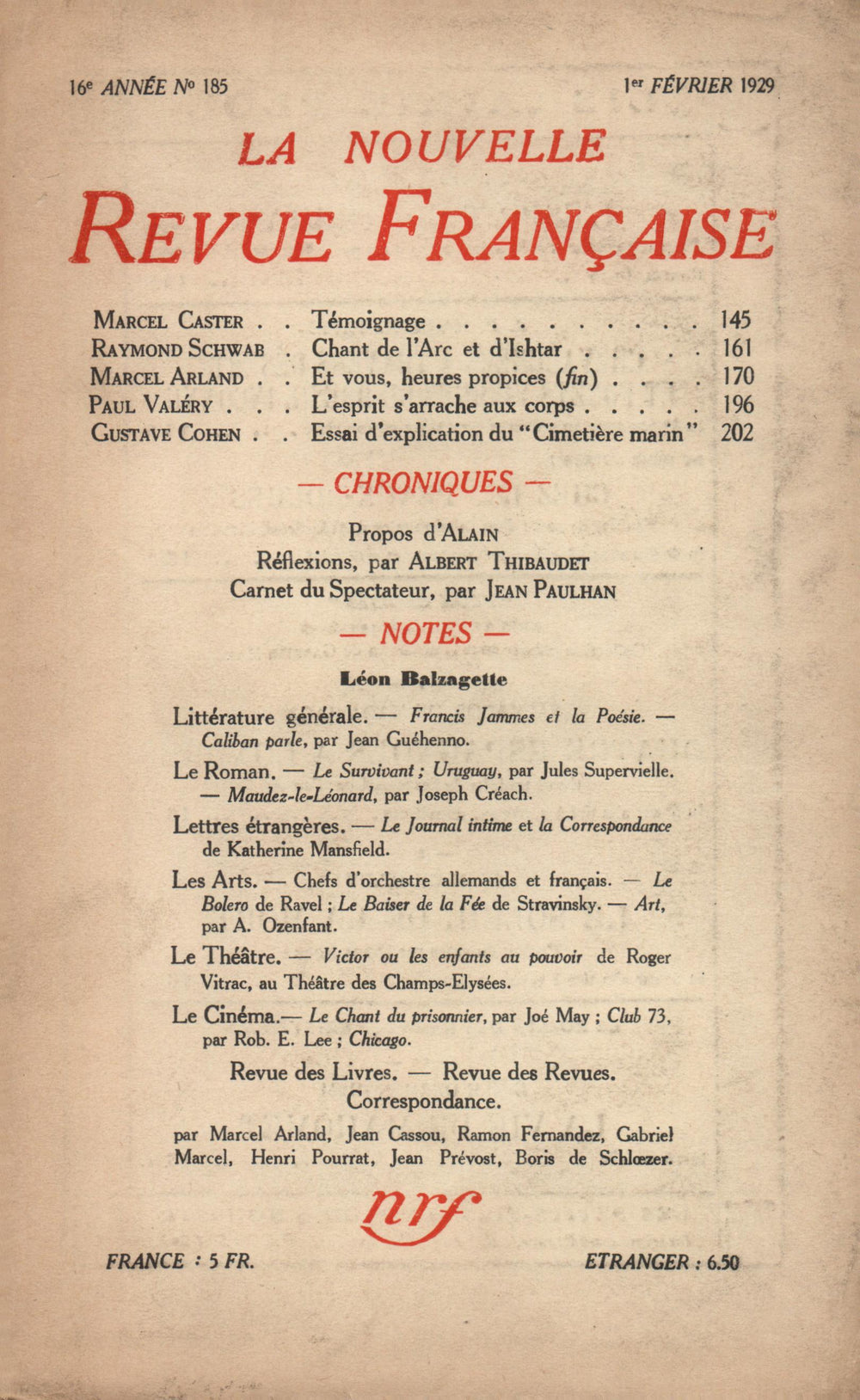 La Nouvelle Revue Française N' 185 (Février 1929)