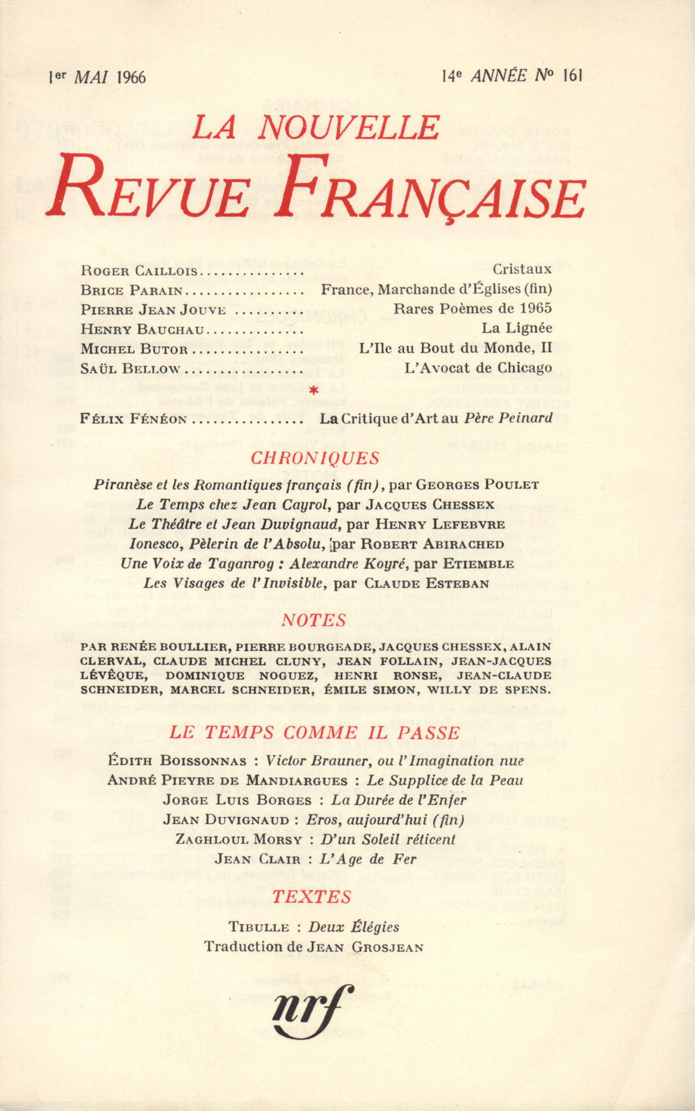 La Nouvelle Revue Française N' 161 (Mai 1966)