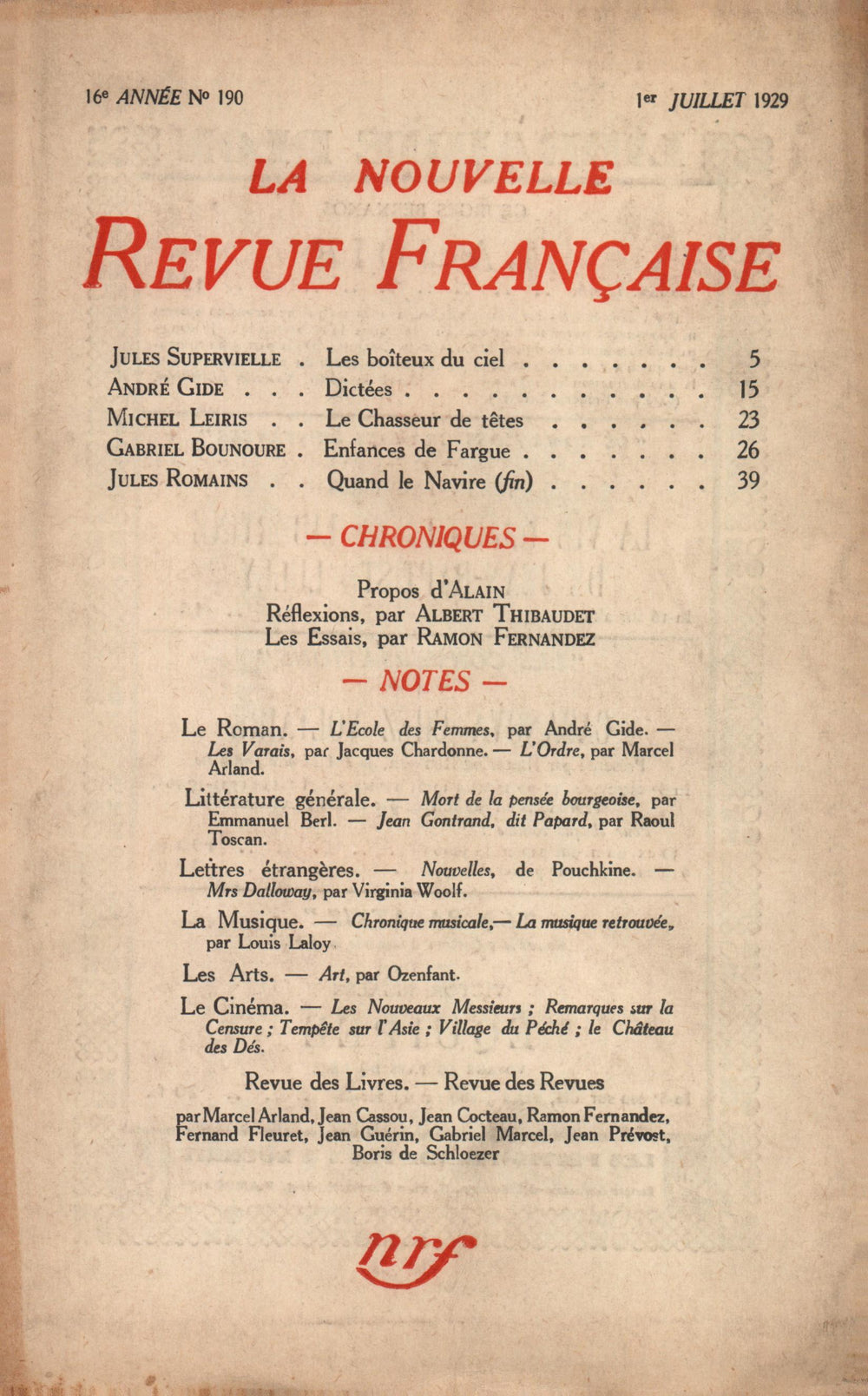 La Nouvelle Revue Française N' 190 (Juillet 1929)