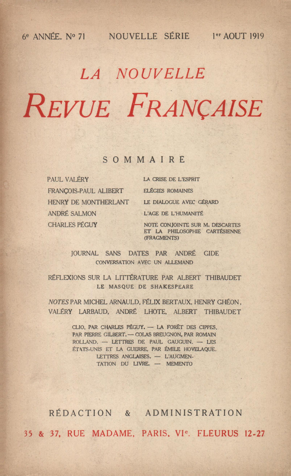 La Nouvelle Revue Française N' 71 (Aoűt 1919)