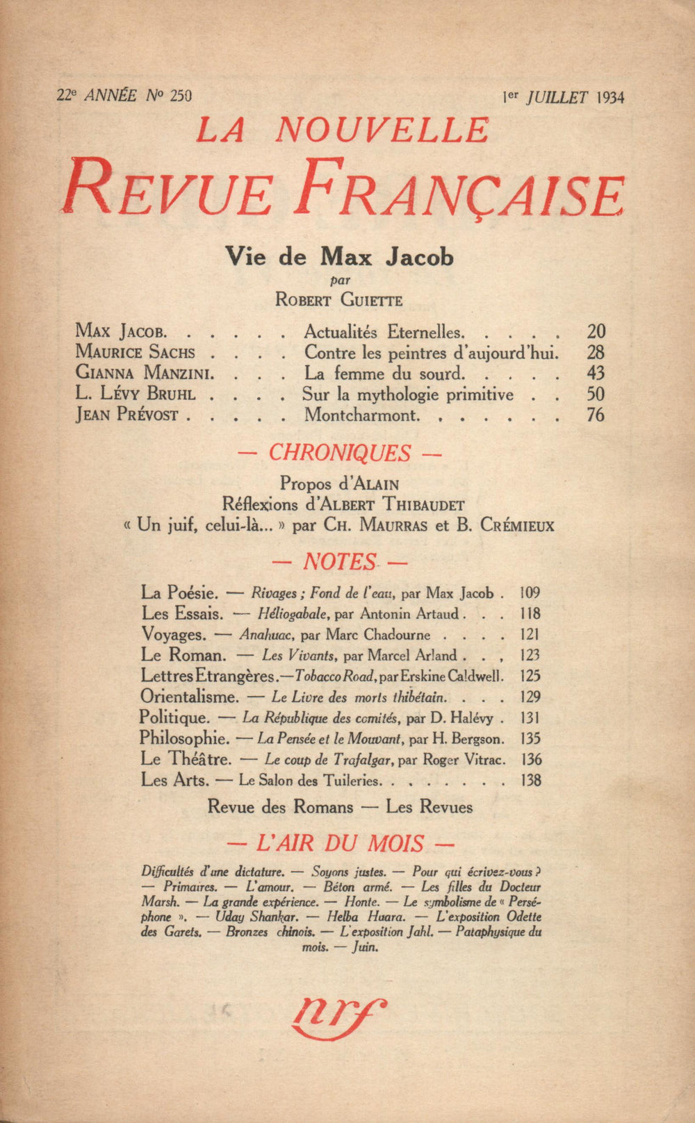 La Nouvelle Revue Française N° 250 (Juillet 1934)