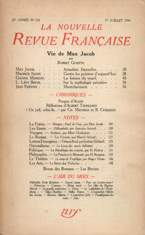 La Nouvelle Revue Française N° 250 (Juillet 1934)