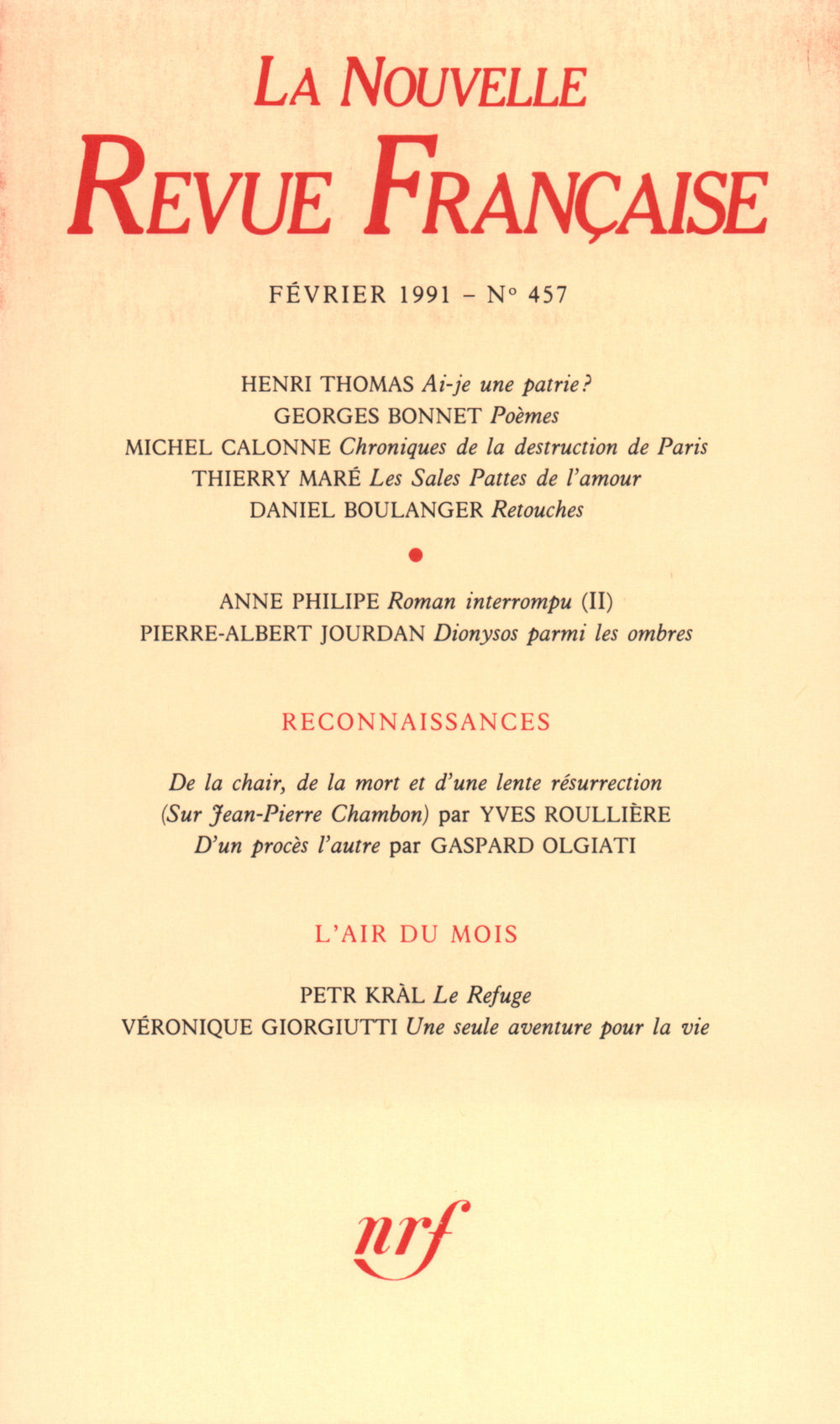 La Nouvelle Revue Française N° 457