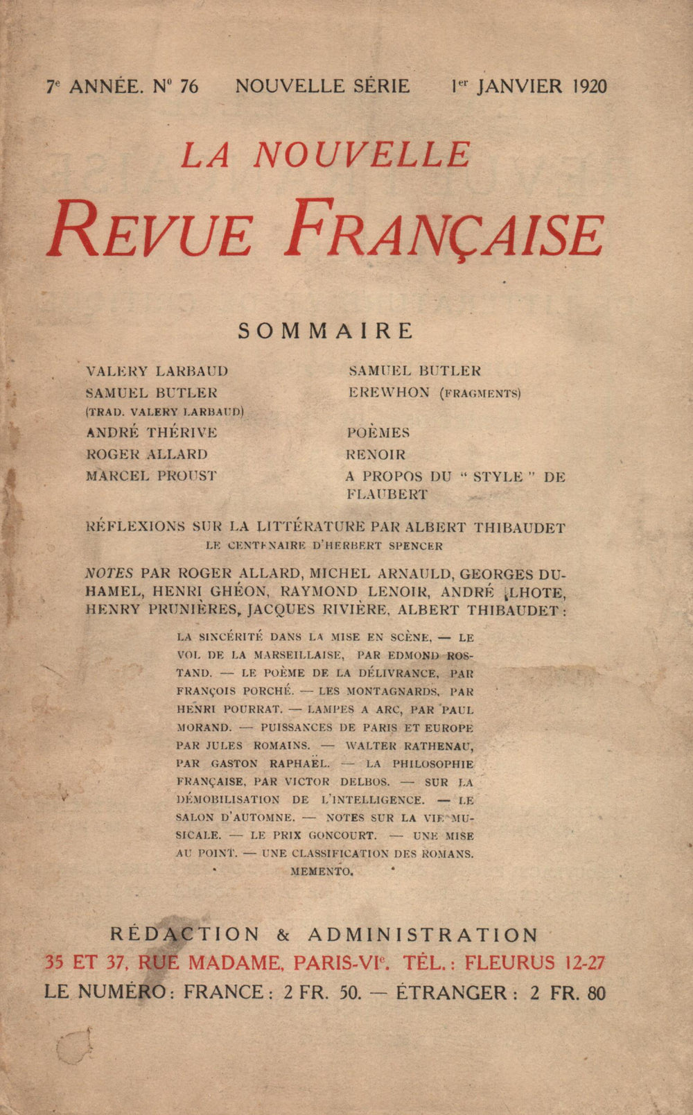 La Nouvelle Revue Française N' 76 (Janvier 1920)