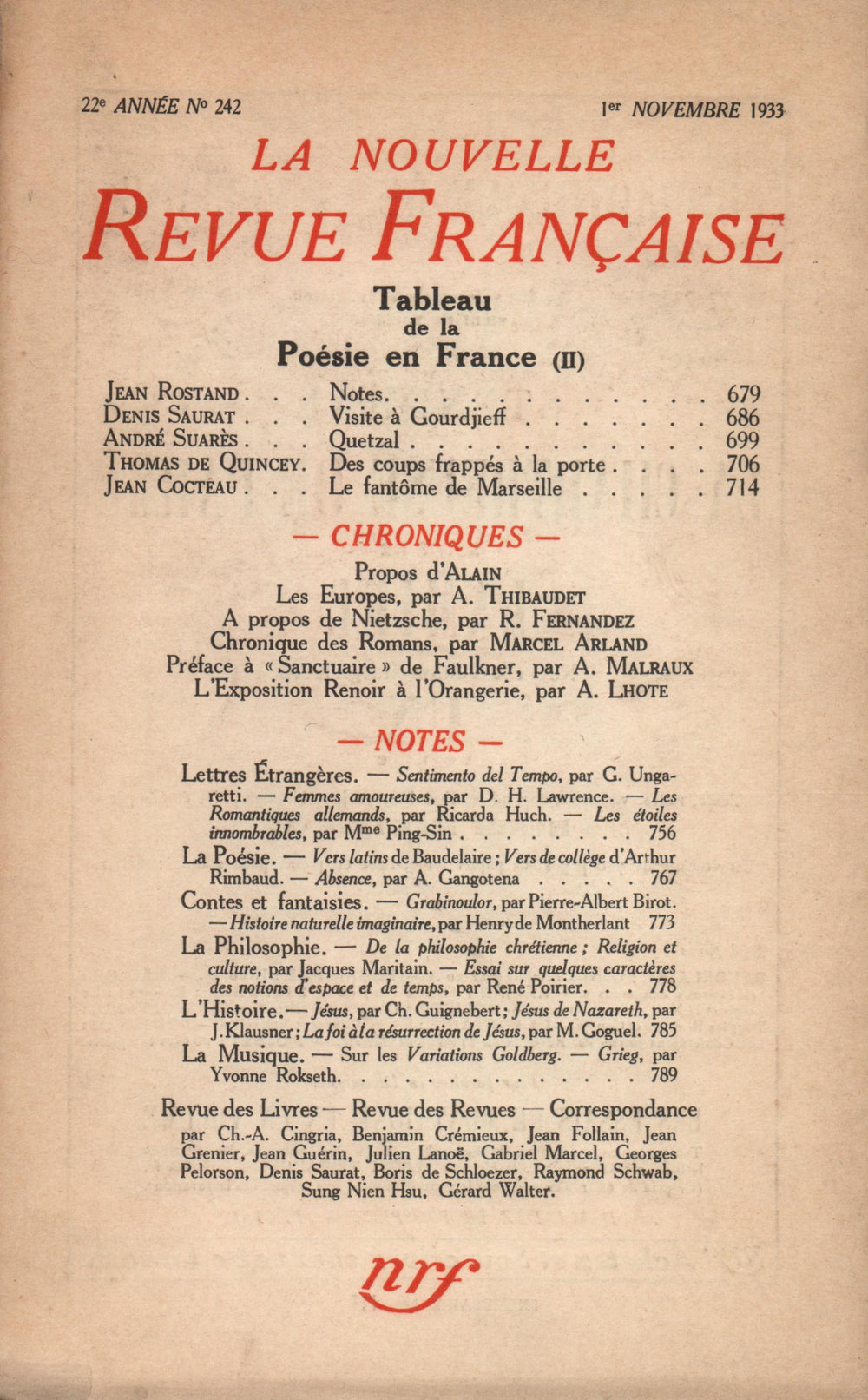 La Nouvelle Revue Française N° 242 (Novembre 1933)