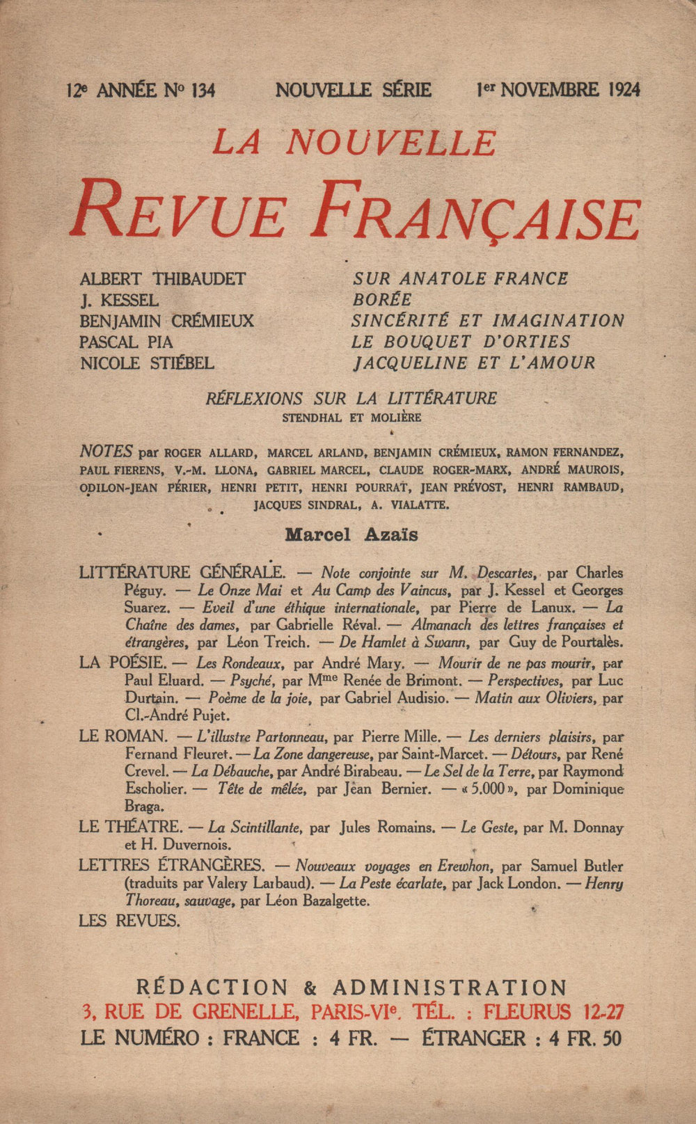 La Nouvelle Revue Française N' 134 (Novembre 1924)