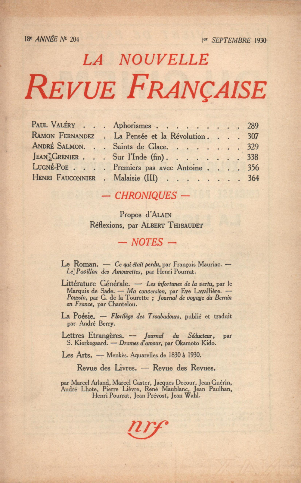 La Nouvelle Revue Française N' 204 (Septembre 1930)