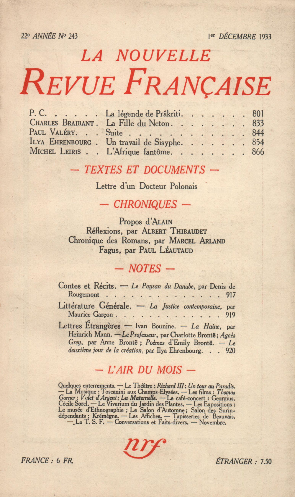 La Nouvelle Revue Française N° 243 (Décembre 1933)