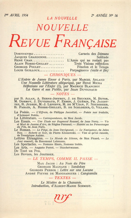 La Nouvelle Nouvelle Revue Française N° 16 (avril 1954)